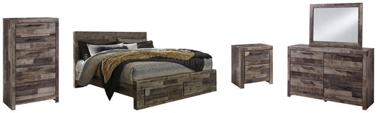 Derekson King Panel Bed with 2 Storage Drawers with Mirrored Dresser, Chest and Nightstand