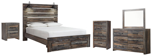 Drystan Queen Panel Bed with 2 Storage Drawers with Mirrored Dresser, Chest and Nightstand