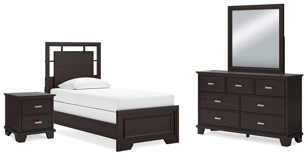 Covetown Twin Panel Bed with Mirrored Dresser and Nightstand