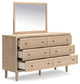 Cielden Full Upholstered Panel Bed with Mirrored Dresser, Chest and 2 Nightstands