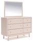 Wistenpine Full Upholstered Panel Headboard with Mirrored Dresser and Chest