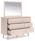 Wistenpine Twin Upholstered Panel Headboard with Mirrored Dresser and Chest